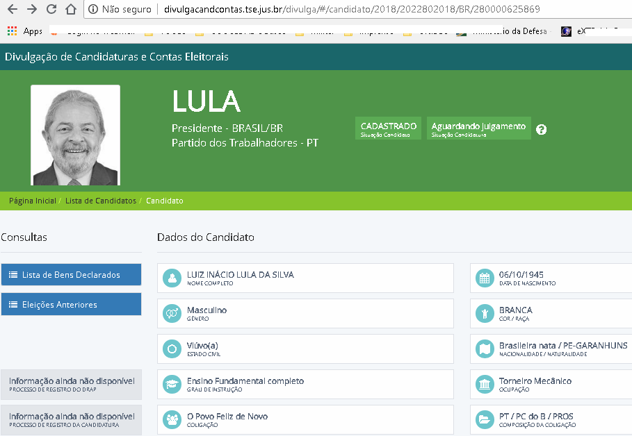 O presidiário LULA já está aparecendo no SITE do TSE
