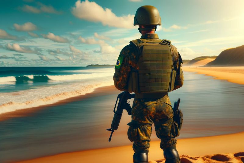 Representação de um soldado do Exército Brasileiro olhando uma praia