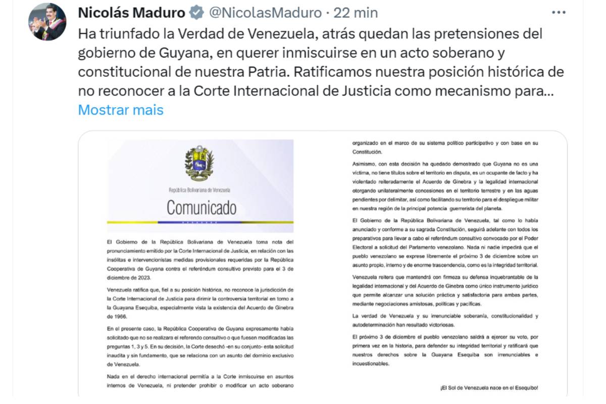 Governo da Venezuela publica Comunicado sobre Corte Internacional “Nada nem ninguém impedirá…”