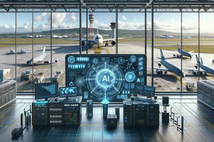 Laboratório de IA avançado no aeroporto com painel digital e frota da FAB ao fundo. Imagem produzida por IA