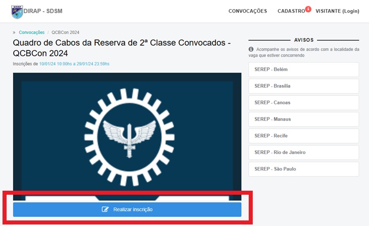 print do site da Aeronáutica mostrando onde deve ser clicado para realização da inscrição no processo seletivo sem concurso