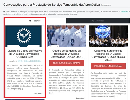 Print do site da Força Aérea Brasileira mostrando qual opção deve ser acessada para o processo de Cabo Temporário sem concurso