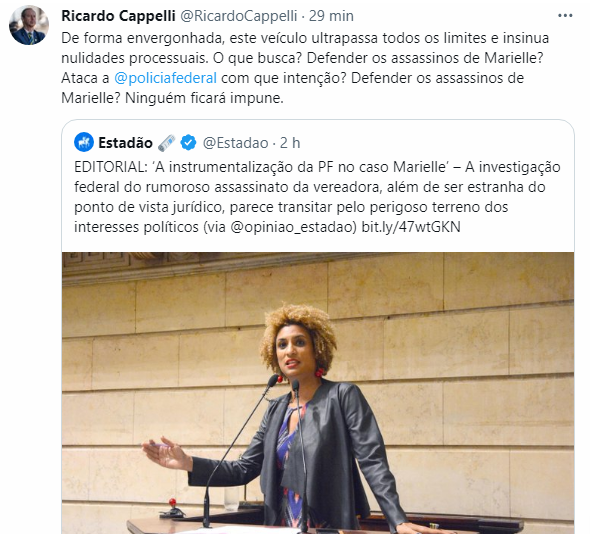 Imagem de postagem de Ricardo Capelli no Twitter criticando o estadão por mencionar "instrumentalização da PF no caso marielle"