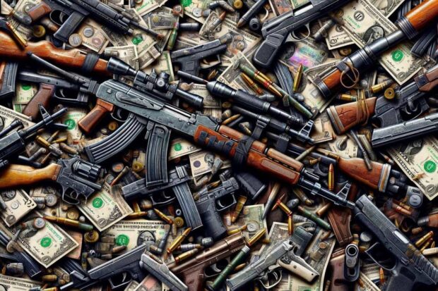 imagem de fuzis e pistolas misturados com notas de dólar
