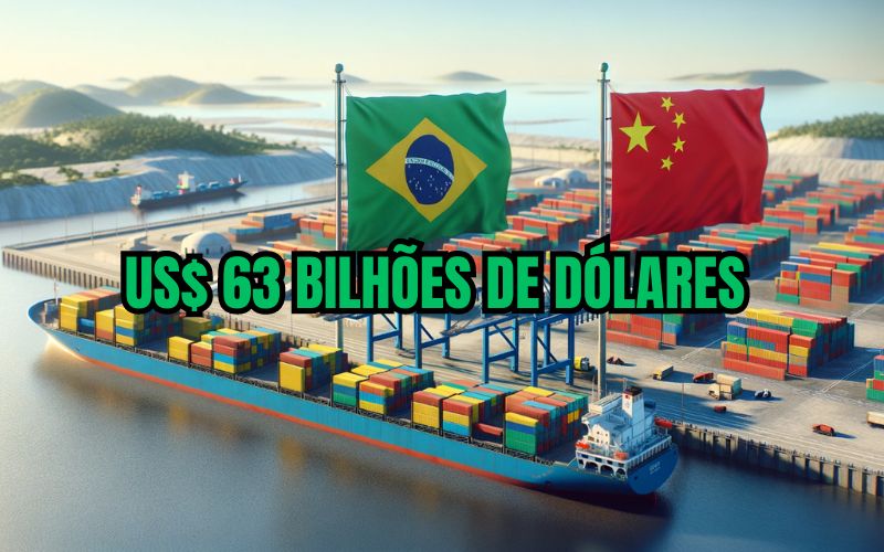 Porto simples no Brasil com contêineres e navios de carga, mostrando bandeiras do Brasil e da China, simbolizando a relação comercial entre os dois países.