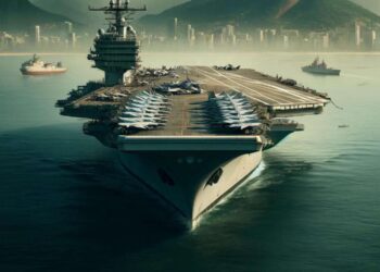 Porta-aviões americano semelhante ao USS George Washington na Baía de Guanabara, Rio de Janeiro, com o Pão de Açúcar e o Cristo Redentor ao fundo.
