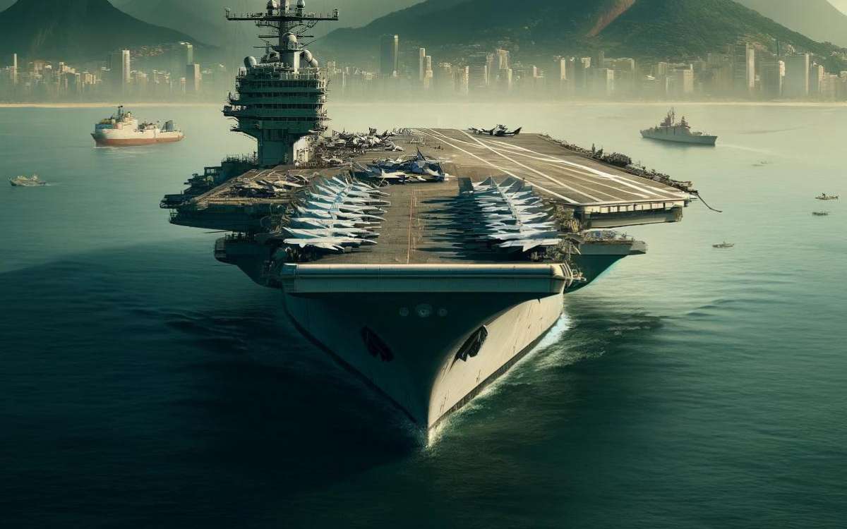 Porta-aviões americano semelhante ao USS George Washington na Baía de Guanabara, Rio de Janeiro, com o Pão de Açúcar e o Cristo Redentor ao fundo.