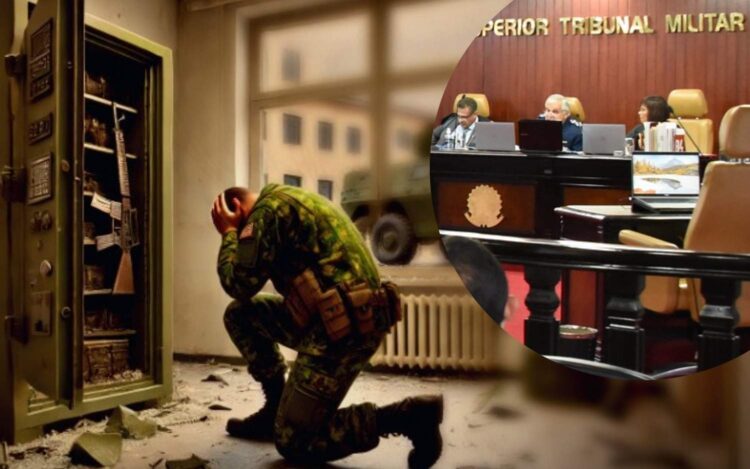 Cofre de armas arrombado no quartel em sala de oficial superior Imagem feita por IA