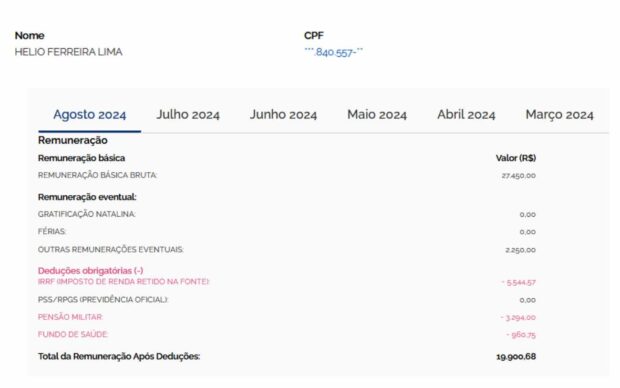 Salário recebido por Hélio Ferreira - Militar da Ativa apontado como envolvido em tentativa de golpe - morte ficta, remuneração dos militares