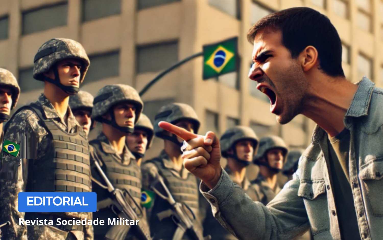 Imagem: Cidadão apontando para os militares - imagem por IA