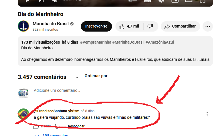 Imagem de tela de comentário em vídeo da marinha do Brasil