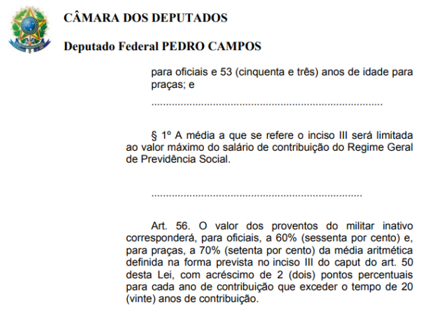 Extrato de Projeto de lei sobre previdência dos militares - Pedro Campos