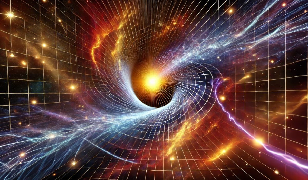 Representação artística de um túnel intergaláctico no espaço, mostrando um sol brilhante emitindo plasma e um canal curvado de energia se estendendo para o cosmos.