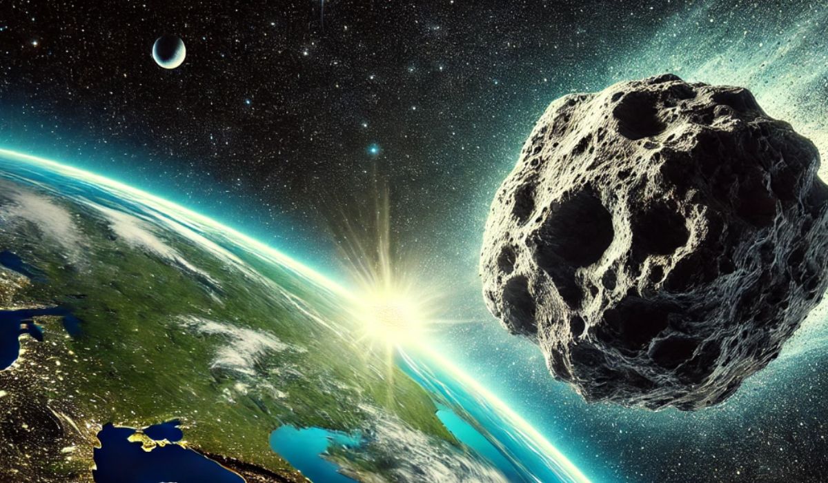 Asteroide 2024 XS3 em alta velocidade passando próximo à Terra, com o planeta visível ao fundo.
