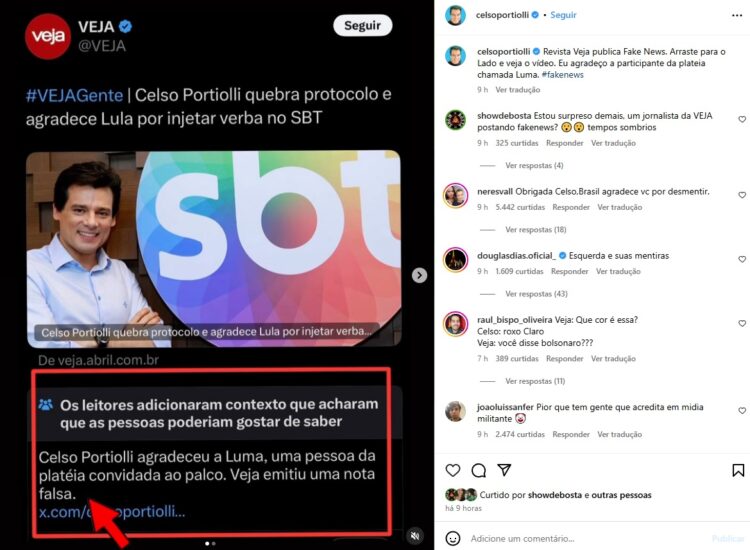 Postagem no perfil de Celso Portiolli desmente fake news da Revista Veja: internautas reagiram com ironia e deboche à situação.