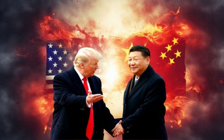 A imagem ilustra Trum e Xi apertando as mãos em ato cordial