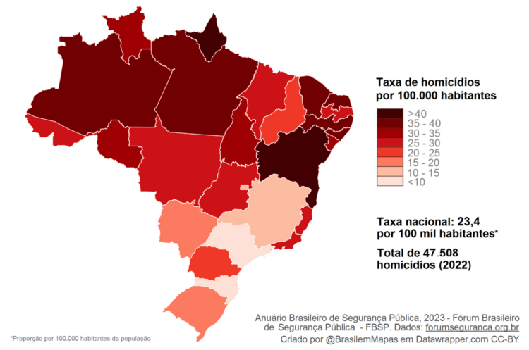 Taxa de homicídios por estados do Brasil a cada 100.000 habitantes.