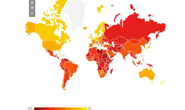 No ranking mundial da percepção de corrupção, o Brasil figura entre os últimos lugares. No mapa, quanto mais vermelho um país, mais contaminado por corrupção ele é.