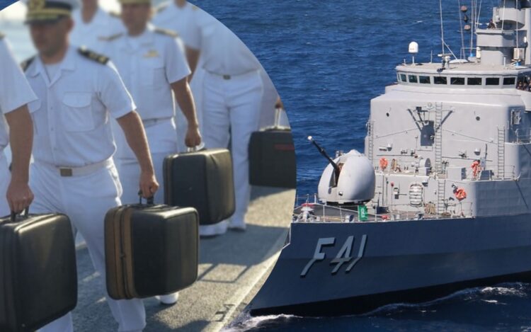 Oficiais da Marinha Brasileira com malas deixando navio de guerra, ilustrando a demissão do serviço ativo e indenização dos gastos de formação militar