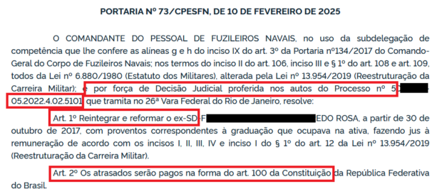 Extrato de documento de Reforma de Militar decisão da Justiça Federal