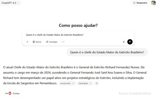 Questionamento ao Chat GPT sobre o Exército Brasileiro