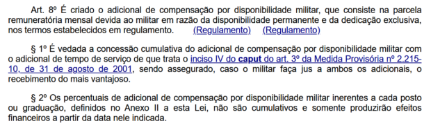 Trecho da lei 13.954 de 2019 sobre o adicional de disponibilidade militar e a proibição de acúmulo com o adicional por tempo de serviço