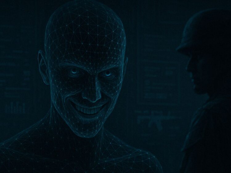 Soldado militar observado por inteligência artificial com rosto digital sorridente em ambiente escuro de guerra cibernética