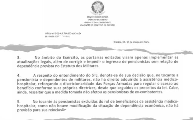 Imagem de recorte da Resposta do Exército sobre as pensionistas - quem decide é a força