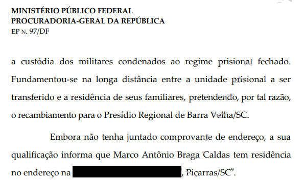 Manifestação do MP sobre a intenção de Marco Caldas cumprir pena em Santa Catarina