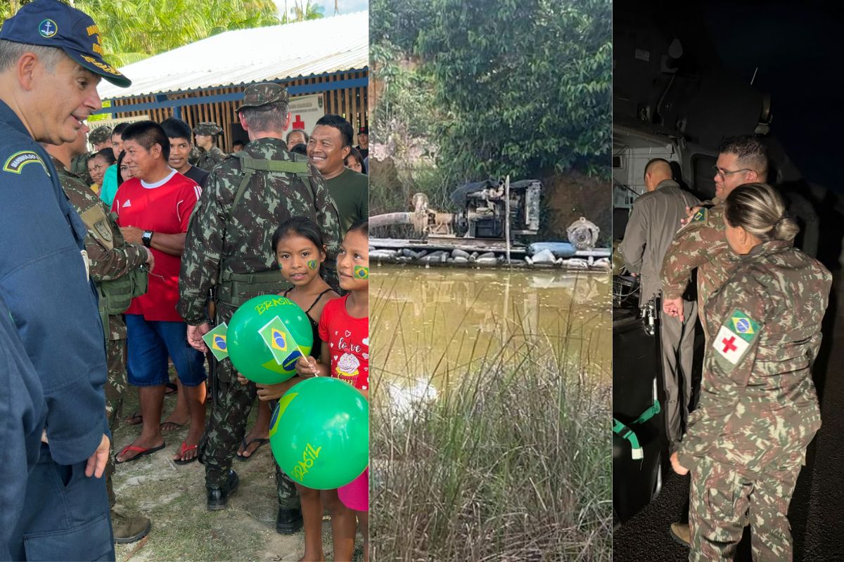 Três fotos lado a lado: à esquerda militares conversam com indígenas e crianças com balões do Brasil, ao centro balsa de garimpo ilegal desmontada em rio amazônico, à direita equipe médica do Exército realiza evacuação aeromédica noturna.