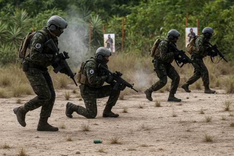 Militares do Exército Brasileiro armados realizam exercício tático na floresta amazônica