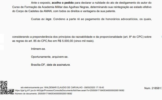 Trecho de sentença contra a AMAN - Exército foi obrigado a reintegrar cadete