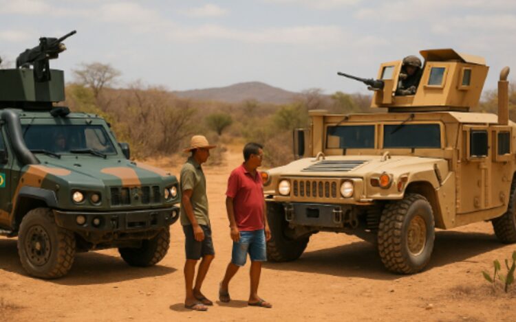 Na caatinga nordestina aiatura Guaiacurus do Exército Brasileiro em comparativo com o Humvee do exército dos EUA: imagem gerada por IA