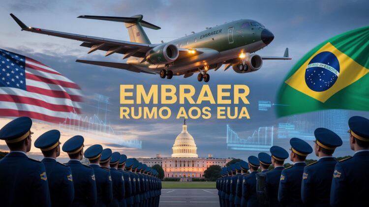 Embraer leva KC-390 aos EUA, busca convencer a Força Aérea americana e promete produção local se fechar contrato bilionário em 2025. (Imagem: Ilustração/Ideogram)