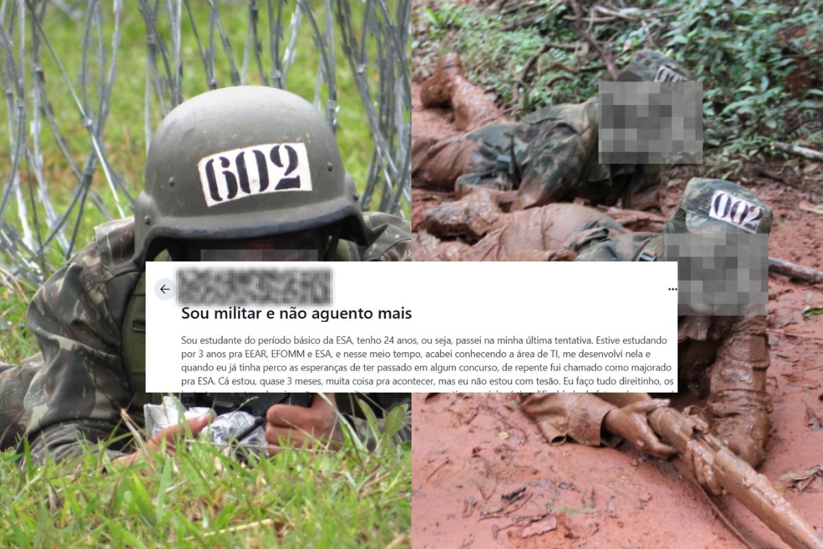 Montagem com soldados da ESA em exercícios de campo e print do post “Sou militar e não aguento mais” que denuncia falta de identificação com a vida castrense.