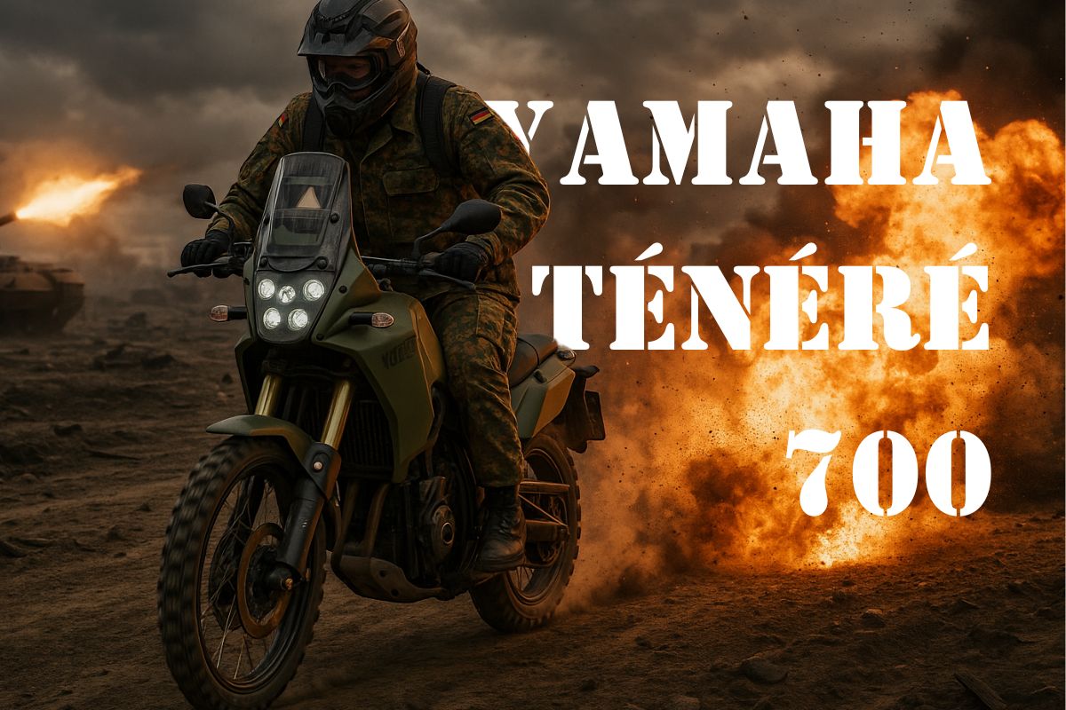 Yamaha Ténéré 700 com soldado alemão atravessa explosão enquanto tanque atira ao fundo em cenário de guerra