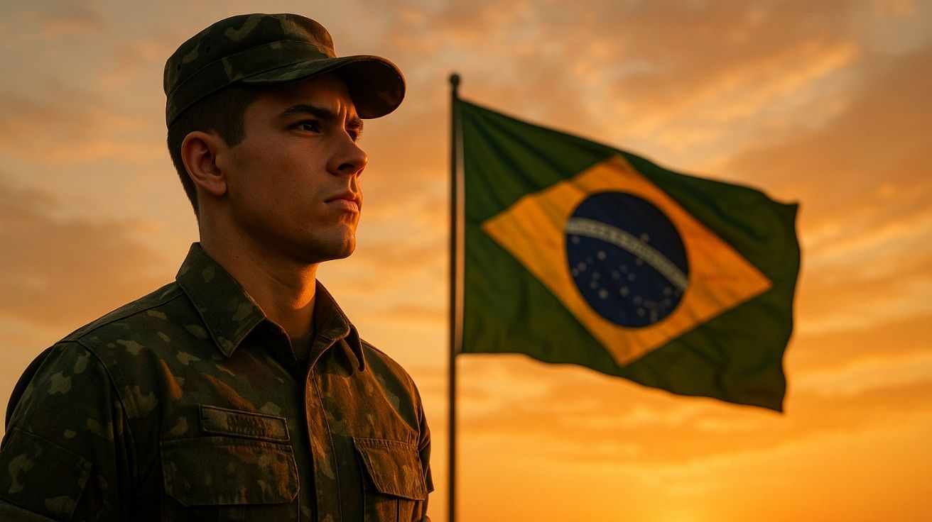 Jovem soldado brasileiro fardado em posição de sentido ao amanhecer, com a bandeira do Brasil ao fundo