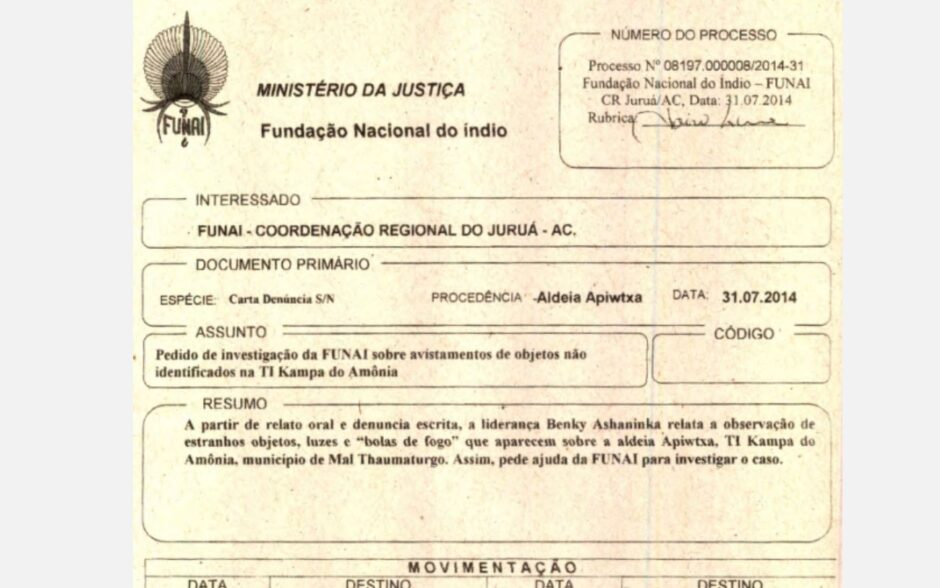 Captura de tela: capa de processo sobre avistamento de OVNI por indígenas