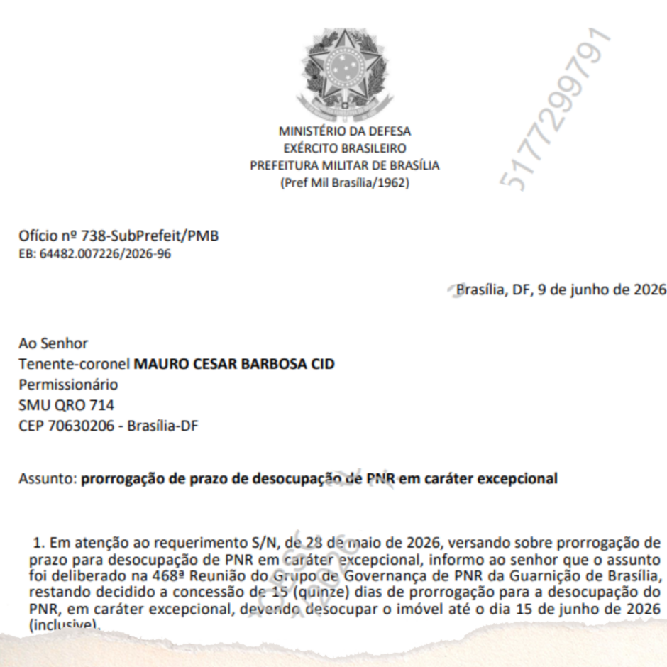 Determinação de desocupação de imovel para o Tenente Coronel do Exército Brasileiro Mauro Cid