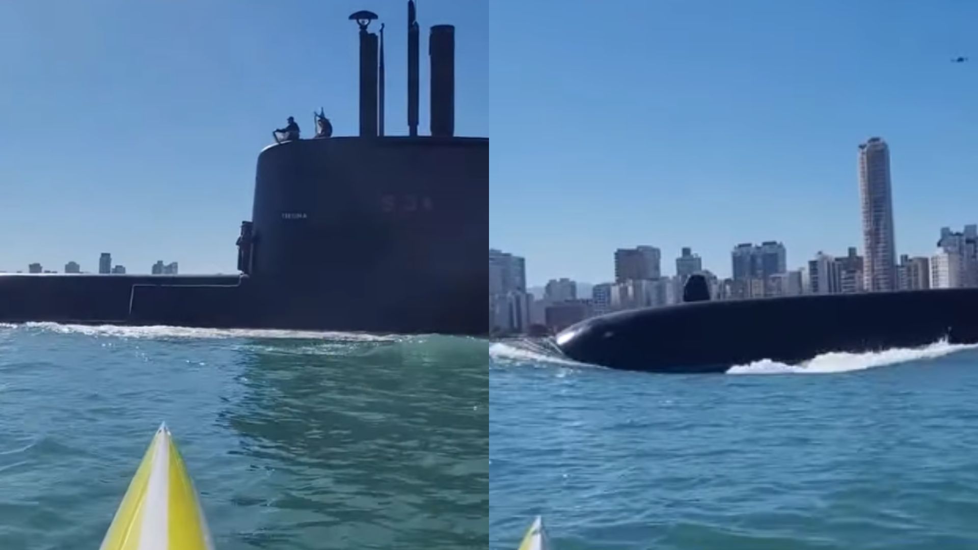 Canoísta é surpreendido pelo submarino Tikuna da Marinha no canal do Porto de Santos durante a Operação Aderex 2026; embarcação chama atenção no maior porto da América Latina