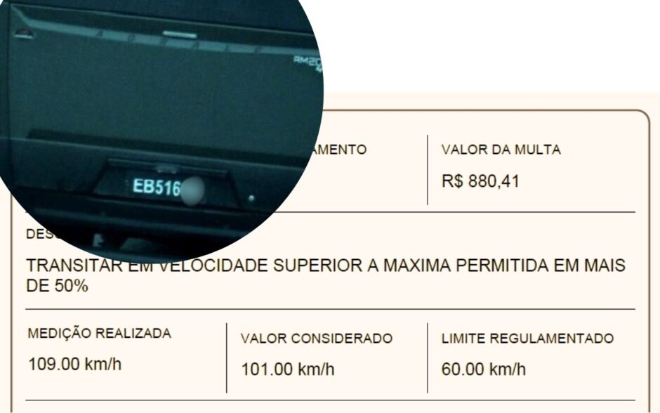 Captura d etela de multa aplicada em via pública com velocidade registrada de 109 Km/h