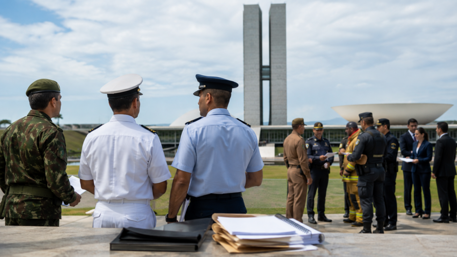 Militares do Exército, Marinha e FAB diante do Congresso Nacional durante discussão sobre projeto de isenção de Imposto de Renda.