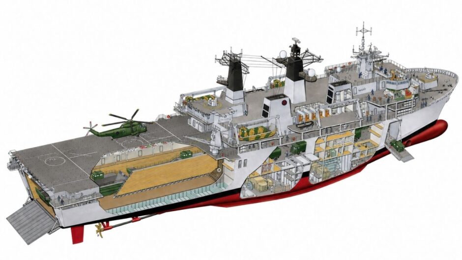 Croqui em corte do NDM Oiapoque (G350) mostra convés de voo, doca alagável, áreas internas e estrutura do futuro navio da Marinha do Brasil
