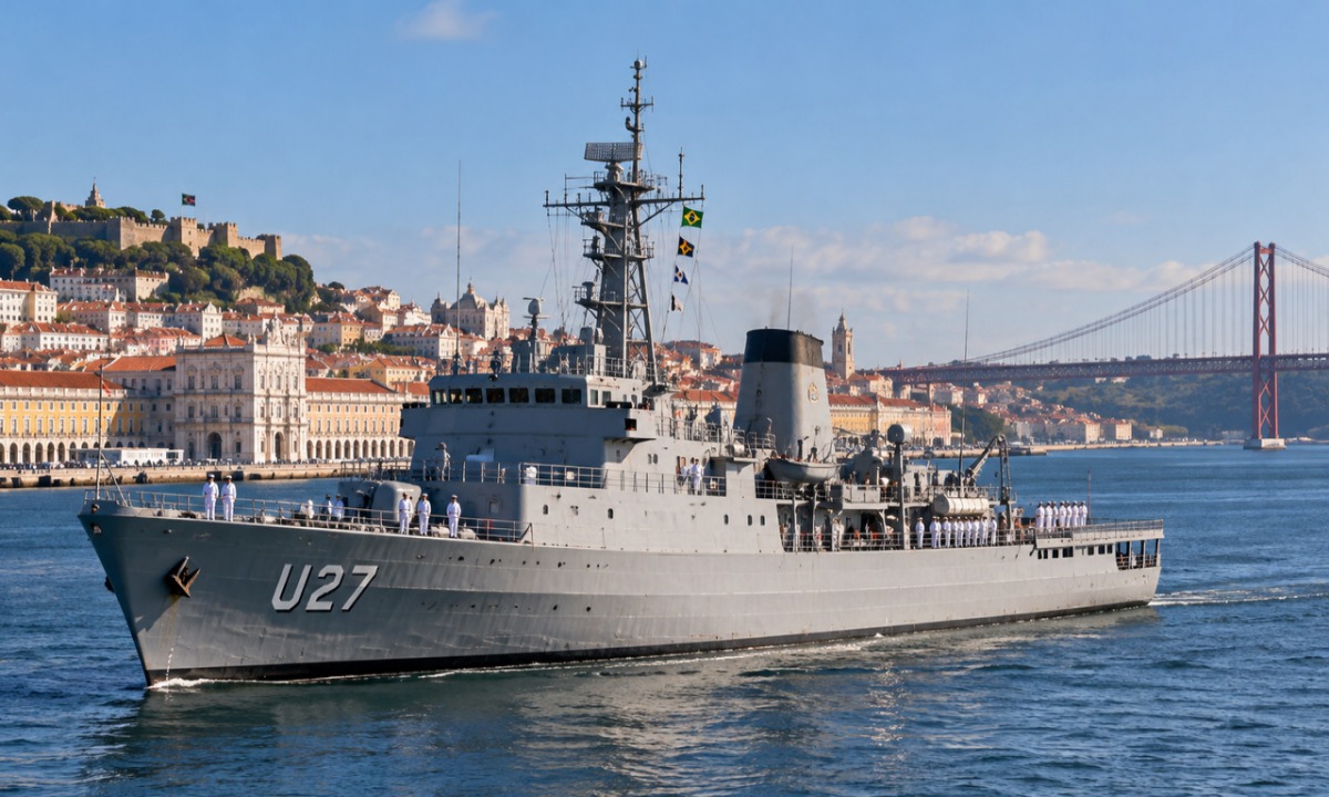 Navio militar brasileiro cruza o Atlântico com 140 futuros oficiais e 18 estrangeiros, chega a Lisboa e leva 29 guardas-marinha para conhecer os bastidores da formação naval portuguesa