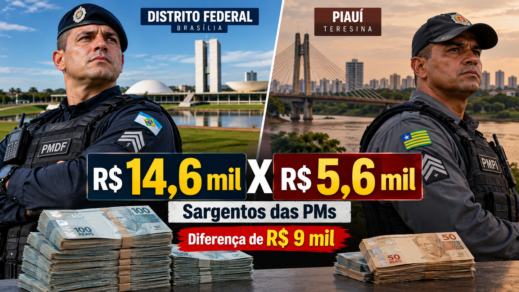 Sargentos das PMs recebiam média de R$ 14.645,46 no Distrito Federal e R$ 5.624,68 no Piauí: diferença de R$ 9 mil expõe abismo salarial entre estados