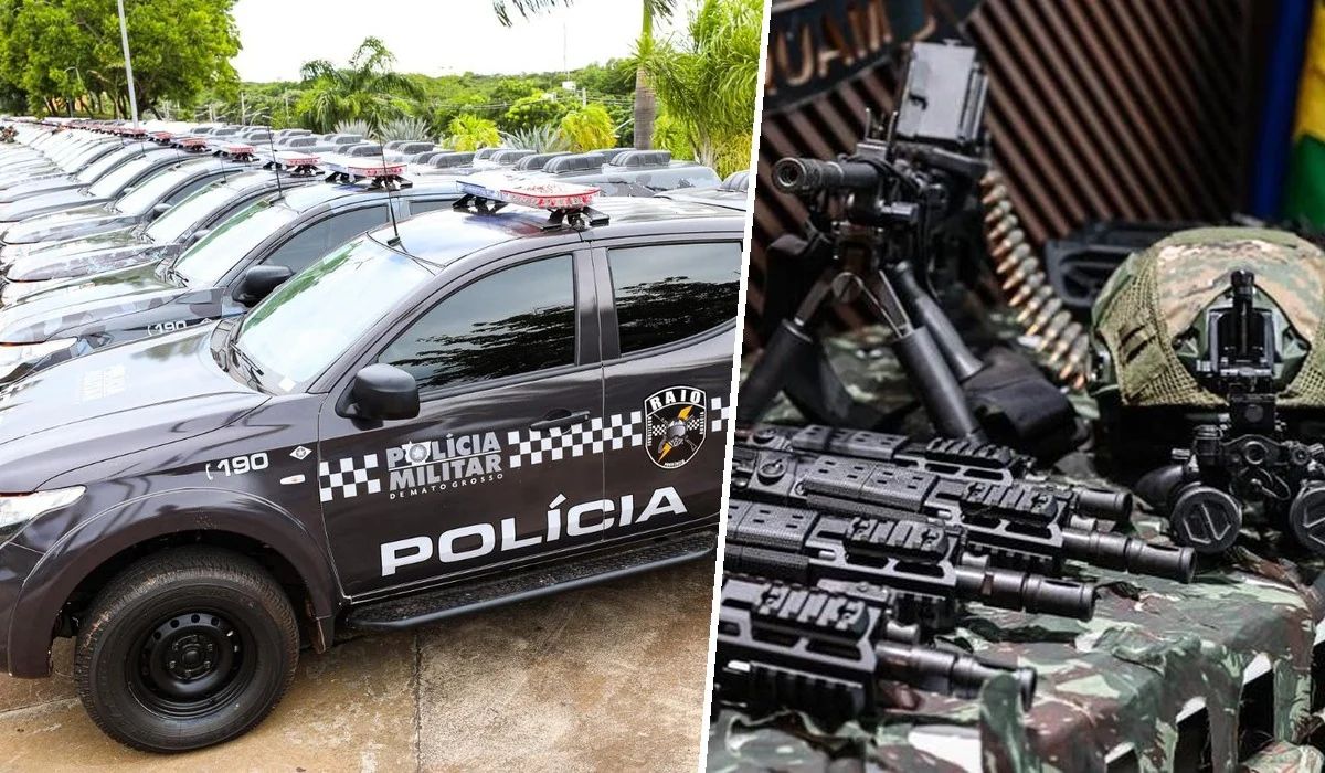 Viaturas e armamentos incorporados à Polícia Militar de Mato Grosso durante o programa de modernização da segurança pública. Fotos: reprodução/PMMT.