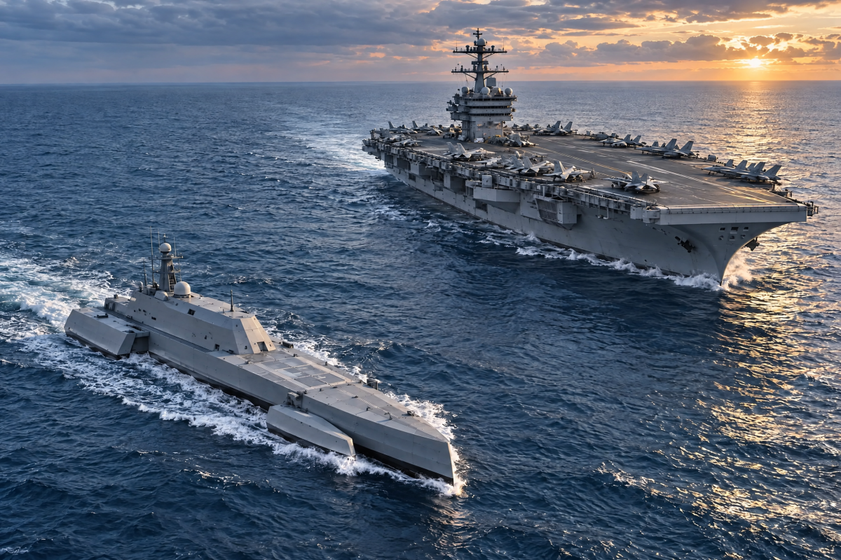 Porta-aviões nuclear dos EUA leva navio-robô em missão inédita: grupo do USS Theodore Roosevelt opera com embarcação projetada para passar meses no mar sem tripulação