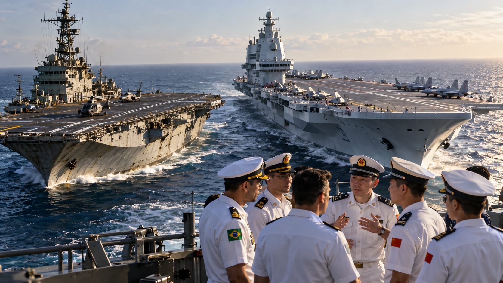 Marinha do Brasil treinou oficiais chineses no porta-aviões A-12 São Paulo e 17 anos depois, China opera três gigantes, estreia o Fujian e volta a receber militares brasileiros dentro de uma força naval de Pequim em missão pela Ásia