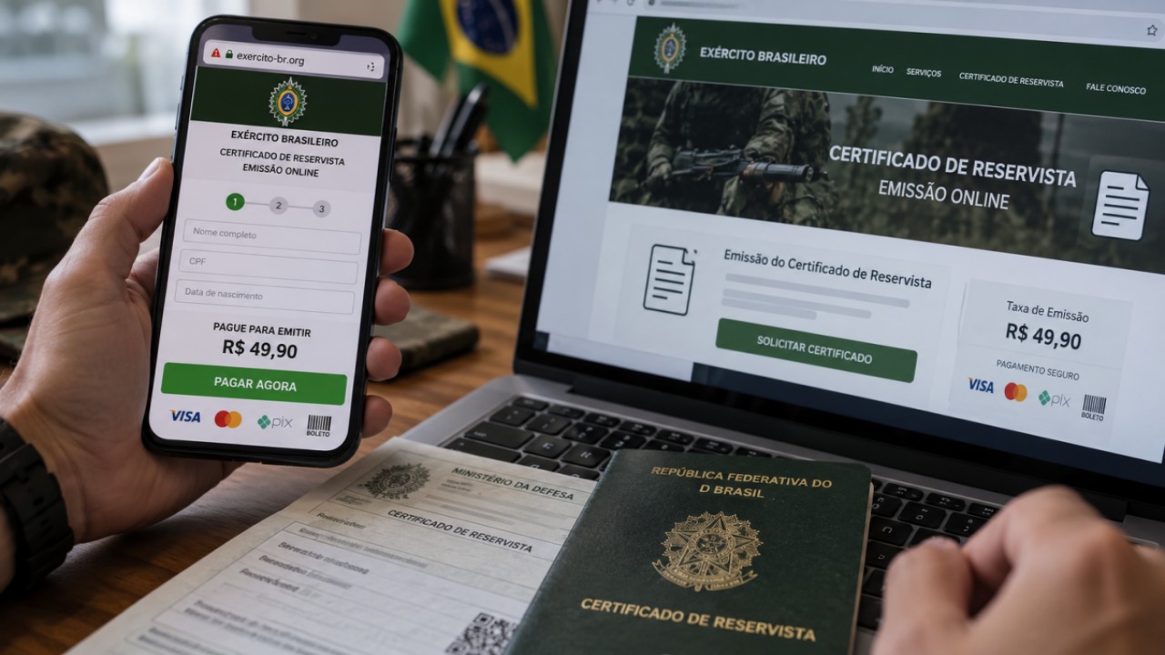 Falso site do Exército cobra por certificado de reservista e tenta capturar dados; alerta militar revela como identificar o golpe