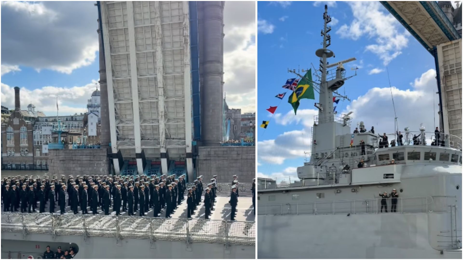 Ao som de “Hey Jude”, dos Beatles, navio da Marinha do Brasil atravessa a famosa Tower Bridge, em Londres, e transforma passagem pela capital britânica em espetáculo musical